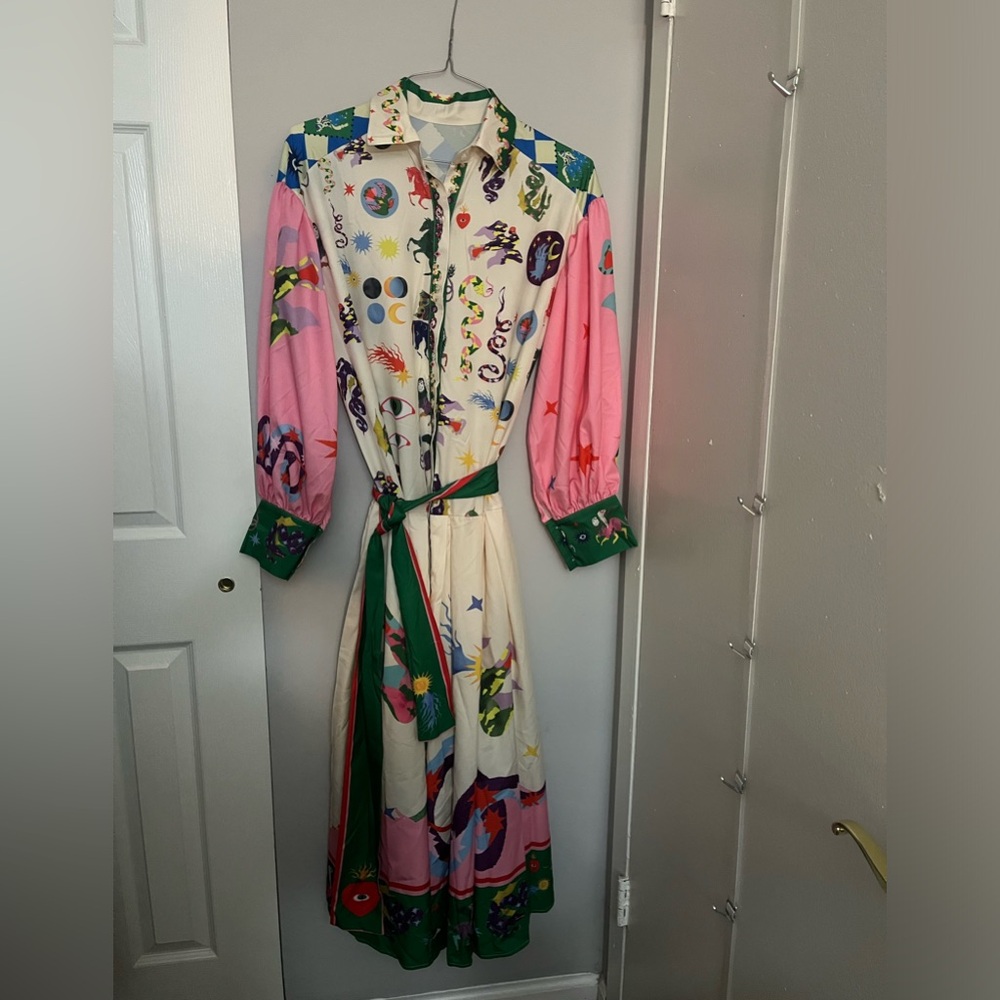 Vibrant Pink and Green Midi Dress